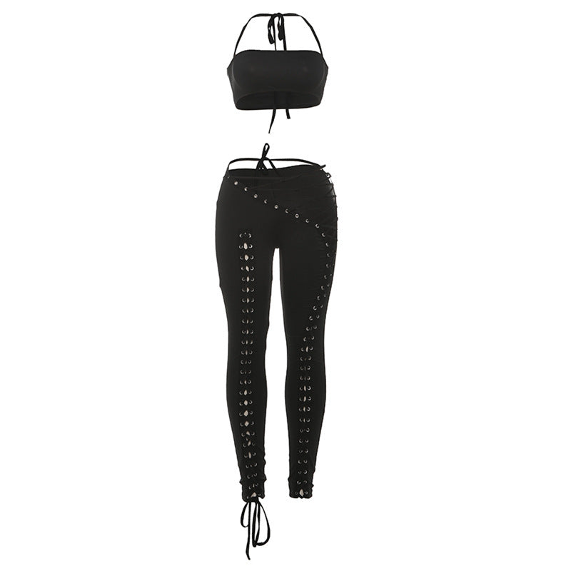 Women Sexy Lacing Vest Street Lace up Trousers Two Piece Set