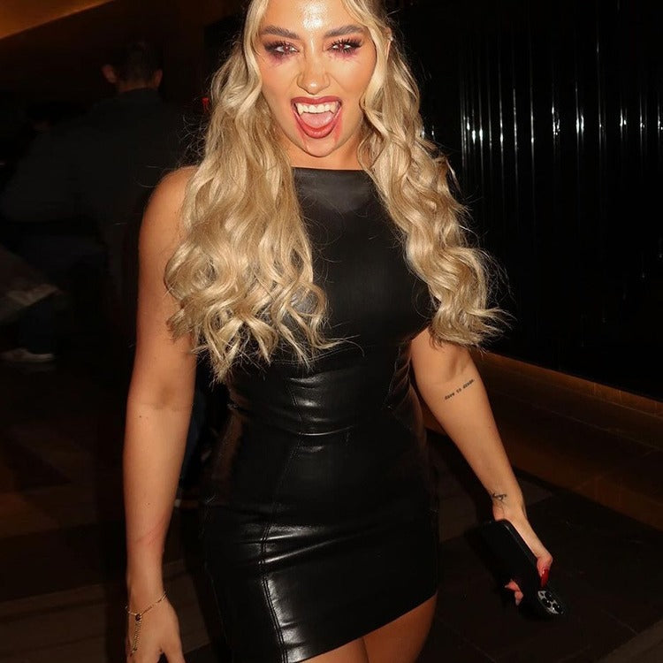 女士春夏仿皮無袖修身顯瘦優雅連身裙