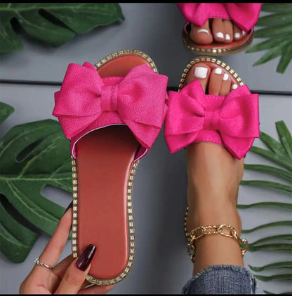 Arrival Flat Bottom Rhinestone Bowknot Slippers Women Outer Wear Solid Color Lightweight Cloth Sandals