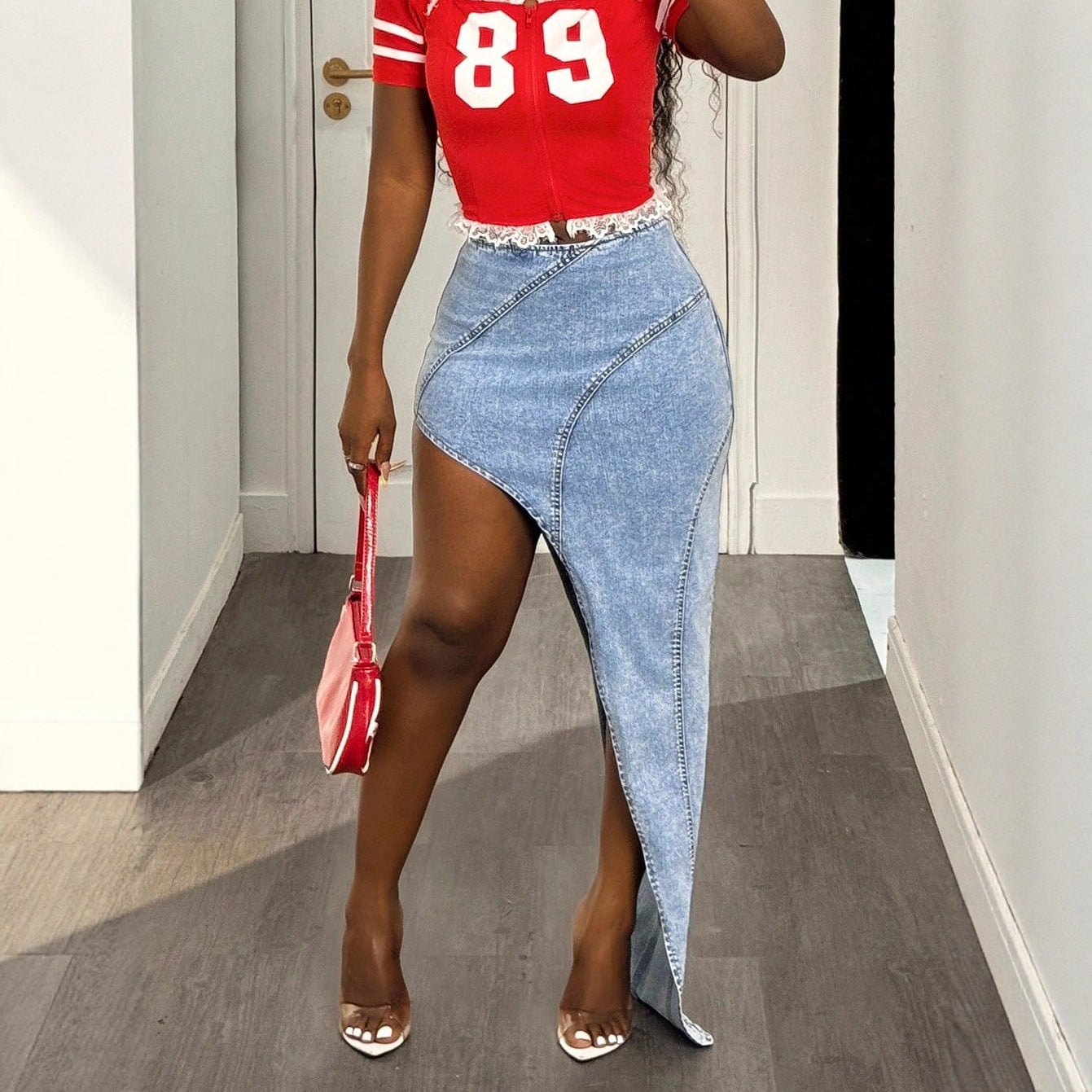 Falda vaquera elástica asimétrica irregular de moda para mujer