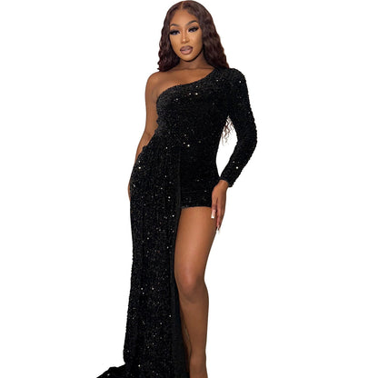 Autumn Winter Sexy Tight Shoulder Long Sleeve Sequin Large Swing Dress Women