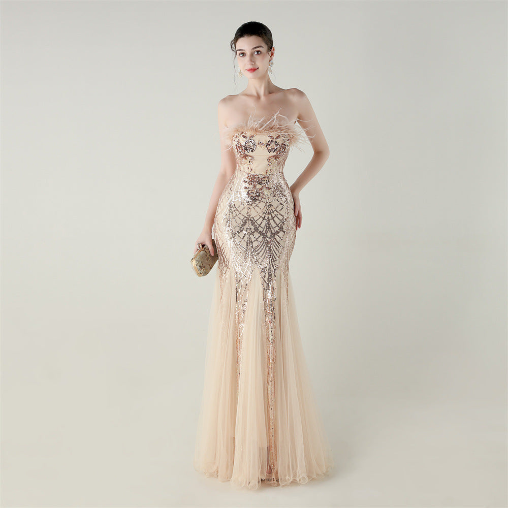 Sequin Beaded Tube Floral Ostrich Feather Tube Top Cross Strap Mesh Fishtail Evening Dress Cocktail Wedding