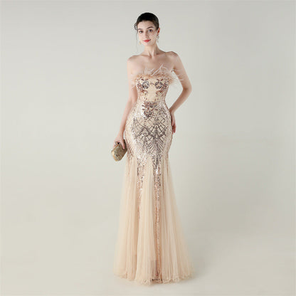 Sequin Beaded Tube Floral Ostrich Feather Tube Top Cross Strap Mesh Fishtail Evening Dress Cocktail Wedding