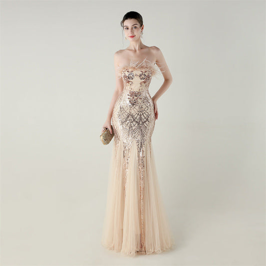 Sequin Beaded Tube Floral Ostrich Feather Tube Top Cross Strap Mesh Fishtail Evening Dress Cocktail Wedding