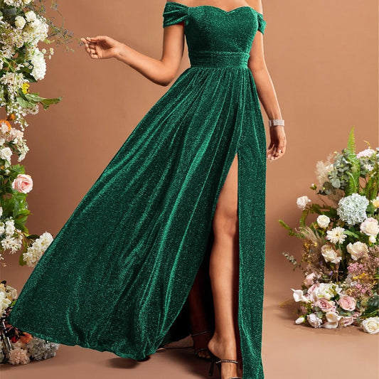 Off Shoulder Evening Dress Slit Metallic Fabric Large Swing Dance Dress Party Dress Bridesmaid Dress Summer