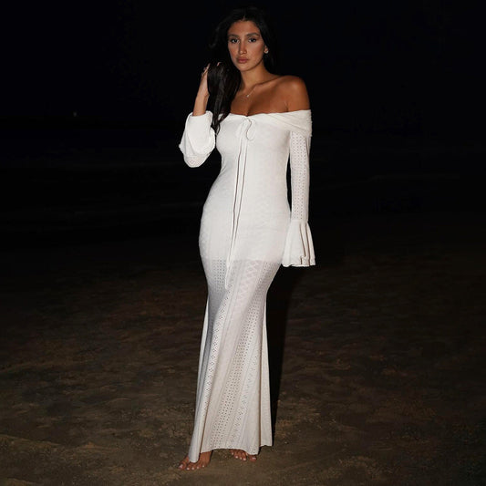 夏季女裝優雅修身性感露領喇叭袖連身裙