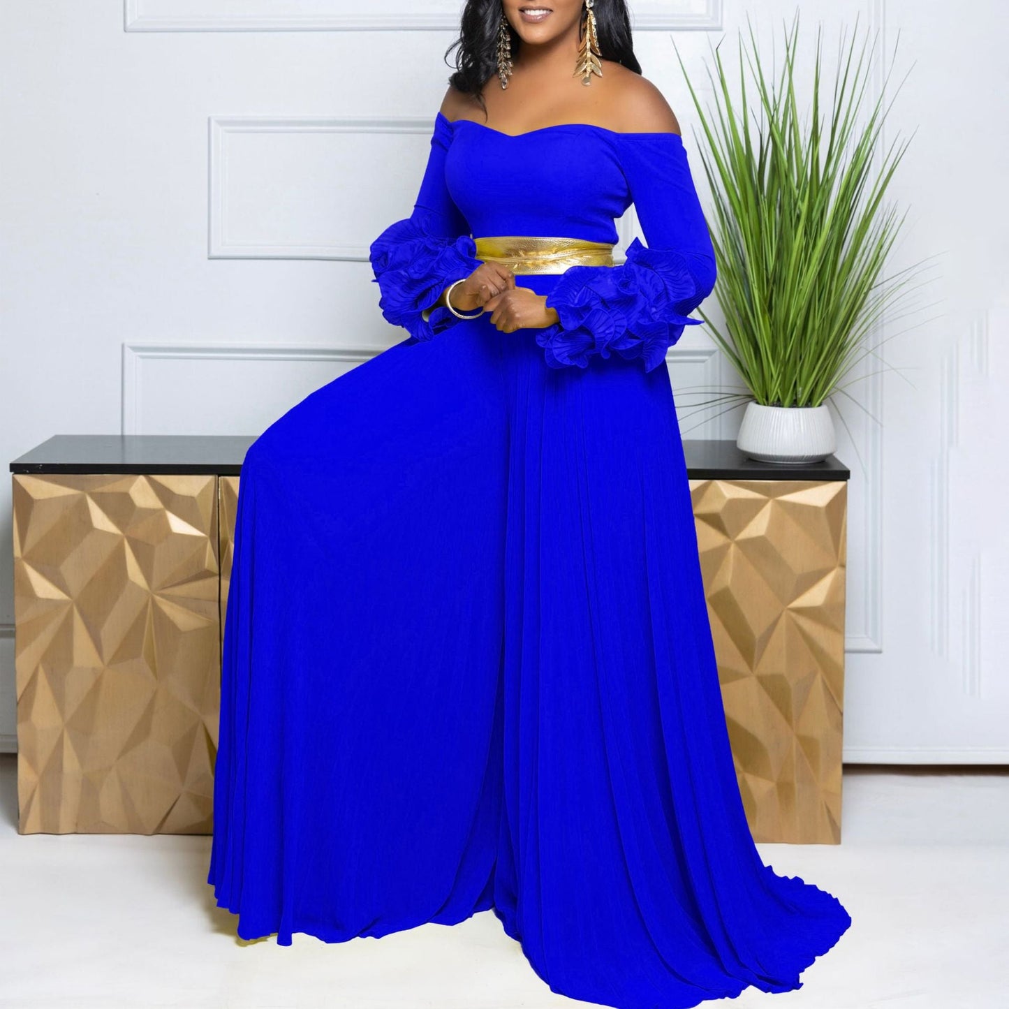 Off Neck Ruffle Sleeve Solid Color Pleated Wide Leg Jumpsuit