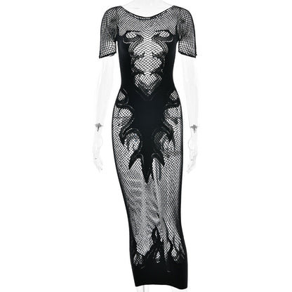 Sexy Cutout See through Tight Dress Sexy Flame Details Fishnet round Neck Dress