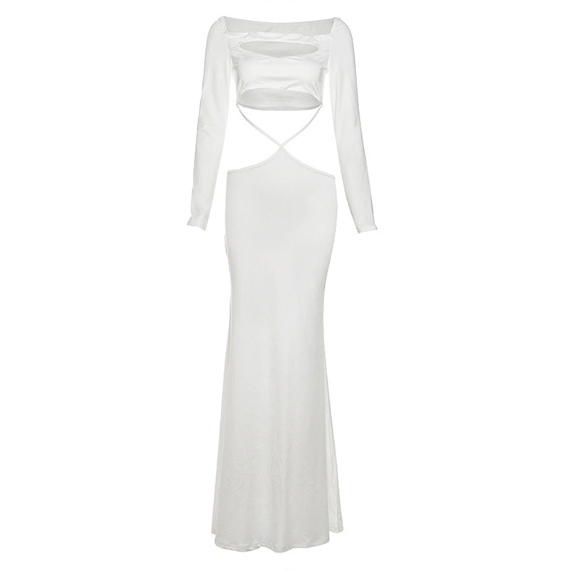 Fall Women Clothing Solid Color Sexy Cutout off Neck Slim Fit Long Sleeve Narrow Dress Women