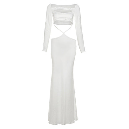 Fall Women Clothing Solid Color Sexy Cutout off Neck Slim Fit Long Sleeve Narrow Dress Women