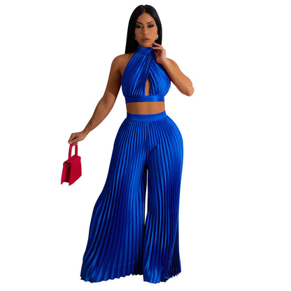 Women Clothing Halter Backless Artificial Silk Pleated Wide Leg Pants Two Piece Set