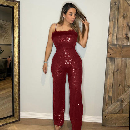Sexy Sling Wool Tops Stitching Sequined Jumpsuit Women Clothing
