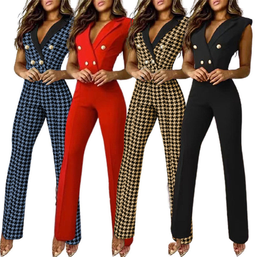 Spring Summer Women Clothing Color Matching Button V-neck Sleeveless Houndstooth Jumpsuit Business Wear for Women