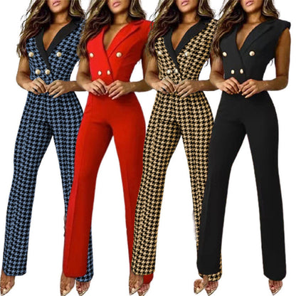 Spring Summer Women Clothing Color Matching Button V-neck Sleeveless Houndstooth Jumpsuit Business Wear for Women