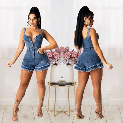 Women Clothing Arrival Denim Women Wear Slim Fit Burrs Tassel Denim Jumpsuit