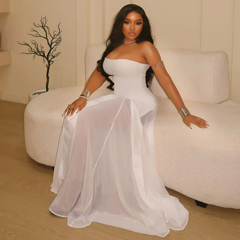 Vestido elegante para mujer, transparente, bandeau, ajustado, corte A, escote en A, color liso, vestido de noche