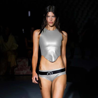 Women Clothing Leather Simple Sexy round Neck Sleeveless Irregular Asymmetric Hem Top Small Vest for Women