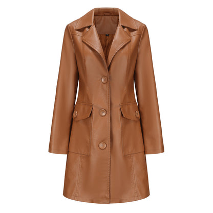 Long Leather Coat Spring Autumn Long Sleeve Leather Wind Coat British Coat Women Collared Single Breasted
