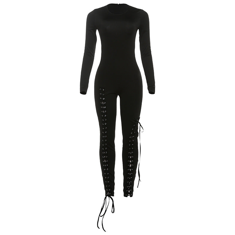 Fall Sexy Solid Color Waist Tight Hollow Out Cutout out Strap Tight Jumpsuit