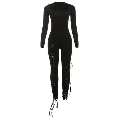 Fall Sexy Solid Color Waist Tight Hollow Out Cutout out Strap Tight Jumpsuit