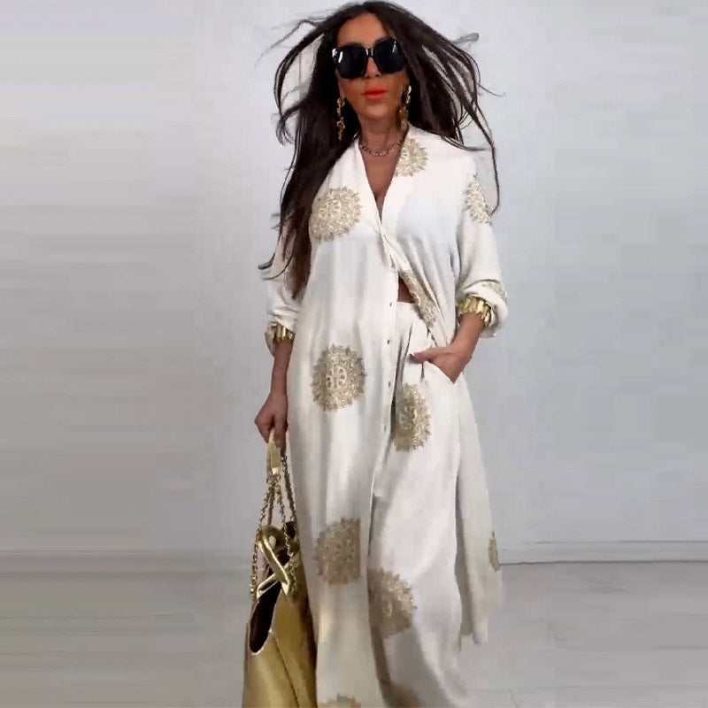 Summer Elegant Sexy V neck Top Printed Wide Leg Pants Two Piece Set