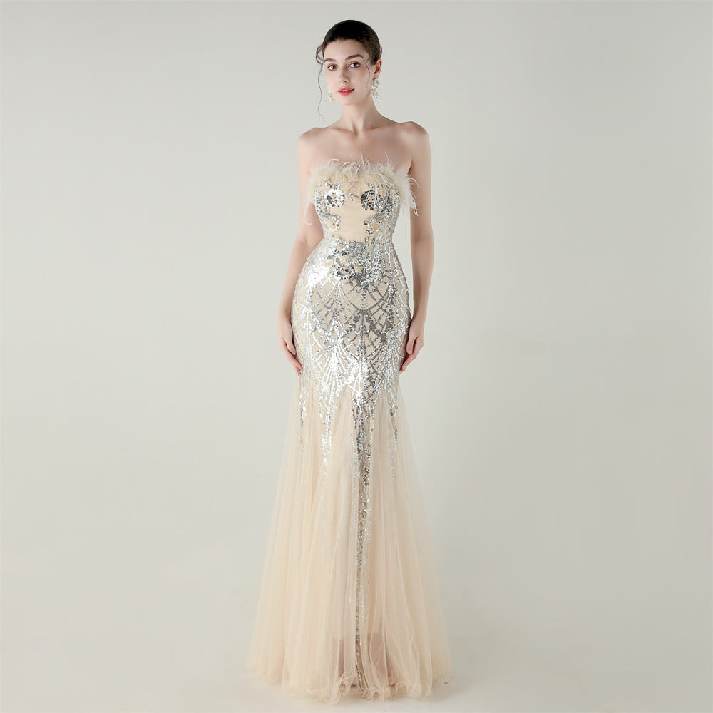 Sequin Beaded Tube Floral Ostrich Feather Tube Top Cross Strap Mesh Fishtail Evening Dress Cocktail Wedding
