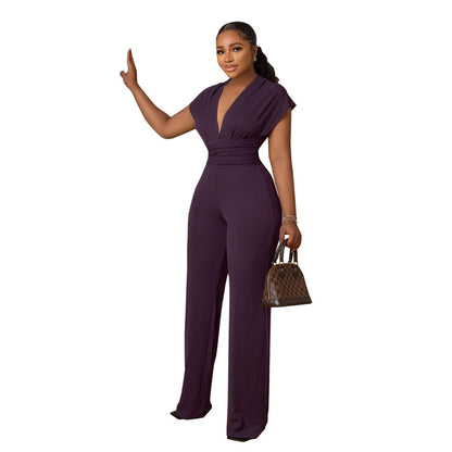 Low Cut Solid Color Waist Tight Women Jumpsuit