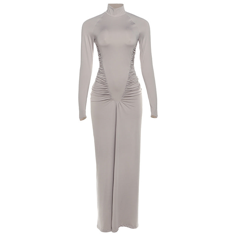 Fall Women Clothing Solid Color High Collar Slim Slimming Pleated Long Sleeve Dress