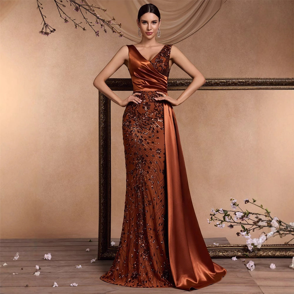 Elegant Sequin Stitching Fit V neck Sleeveless Elegant Gorgeous Noble Cocktail Party Formal Dinner Dress