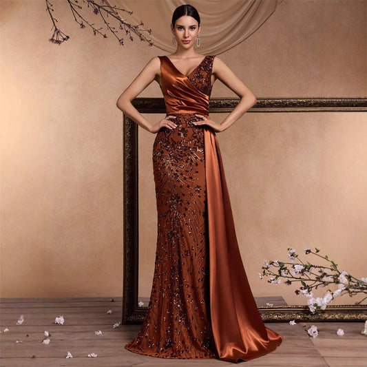 Elegant Sequin Stitching Fit V neck Sleeveless Elegant Gorgeous Noble Cocktail Party Formal Dinner Dress