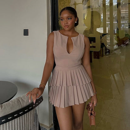 女士夏季清新甜美V領高腰顯瘦褶皺A字洋裝短裙