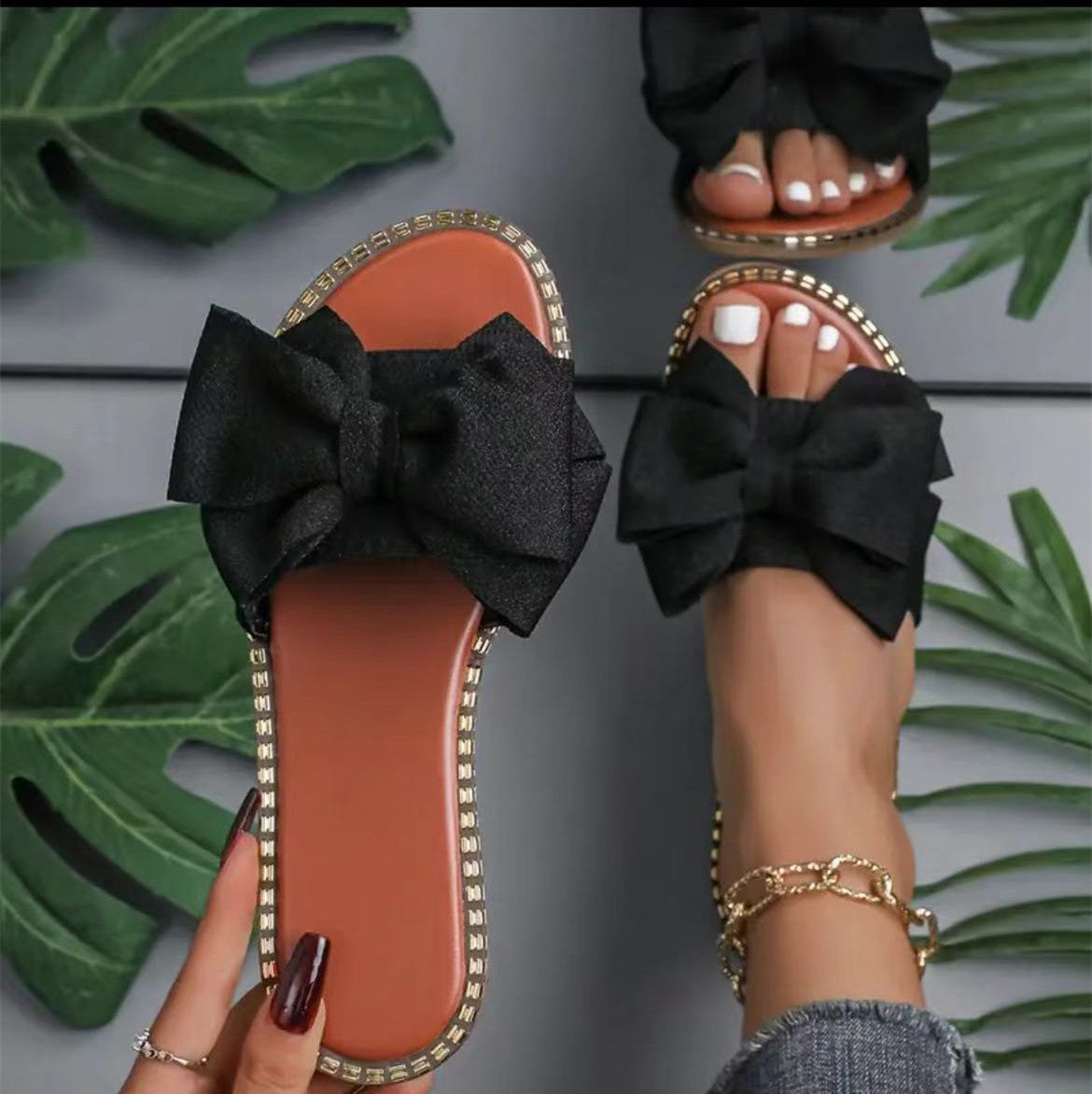 Arrival Flat Bottom Rhinestone Bowknot Slippers Women Outer Wear Solid Color Lightweight Cloth Sandals