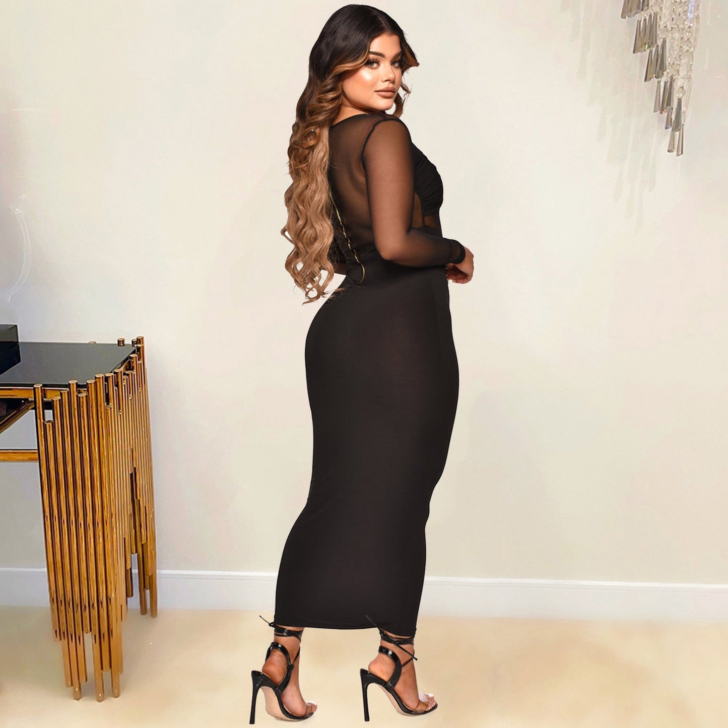 Women Clothing Sexy Tight Mesh See-through Solid Color Long Sleeve Dress for Women