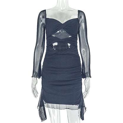 Personalized Design Women Hollow Out Cutout Pleated Hip U Neck Long Sleeved Solid Color Short Dress