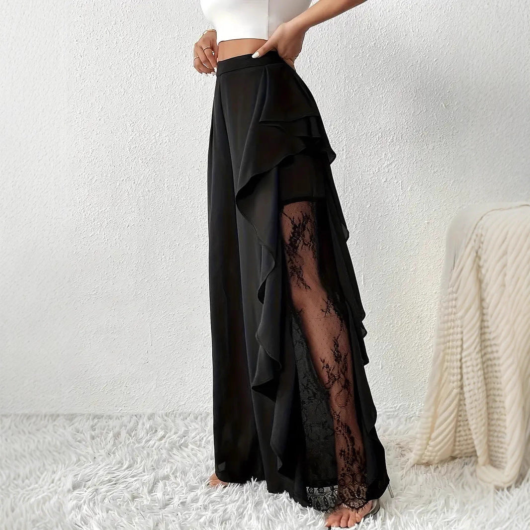 Women Wide Leg Pants High Waist Slit Irregular Asymmetric Lace Mesh Lace Draping Long Pants