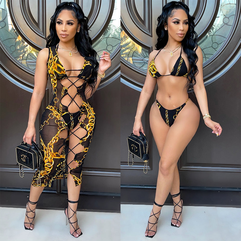 Sexy Women Wear Mesh Floral Print Sheer Cutout Swimsuit Dress Women Three Piece Suit