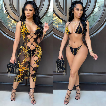 Sexy Women Wear Mesh Floral Print Sheer Cutout Swimsuit Dress Women Three Piece Suit