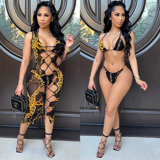 Sexy Women Wear Mesh Floral Print Sheer Cutout Swimsuit Dress Women Three Piece Suit