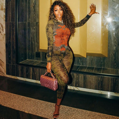 高腰修身拉鍊長袖連身褲