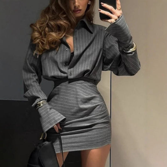 Spring Summer Striped Top Short Skirt Two Piece Casual Two Piece Sets Women