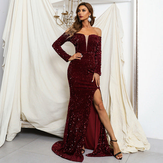 Sexy Evening Dress Women Clothing Party Cocktail off Neck Sequ Dress Sexy
