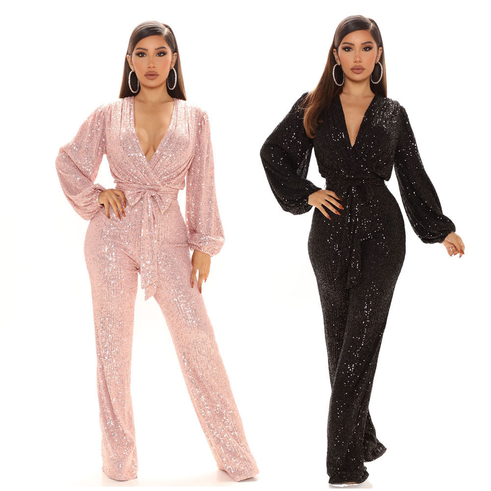 Fall High-End Women Sequ Deep V-neck Long Sleeve Jumpsuit Jumpsuit Trousers