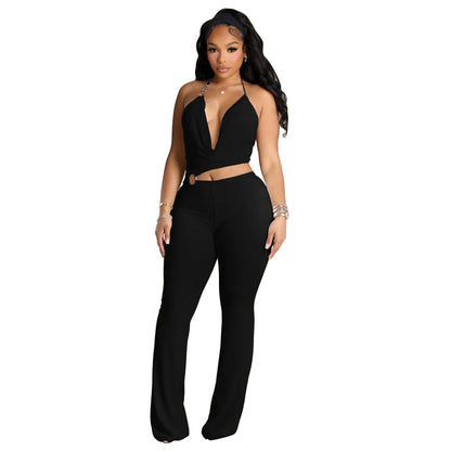 Women Clothing Supply Circle Decoration Sexy Halter Cropped Outfit Slim Fit Bodysuit