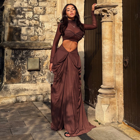 Fall Women Clothing High Collar Slim Fit Sexy Cutout Split Maxi Dress