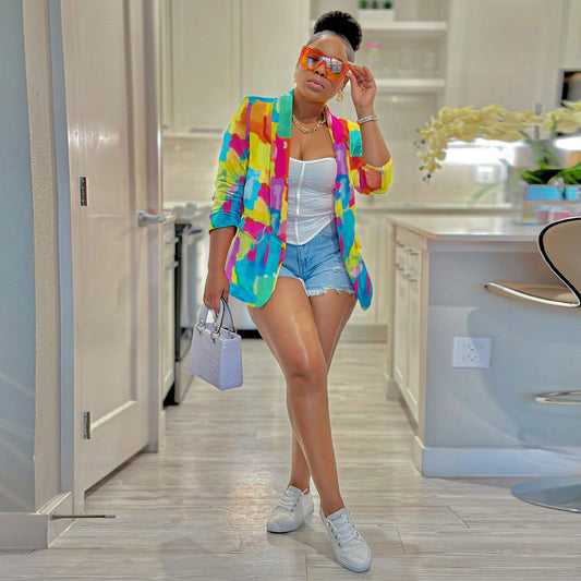 Casual Color Printing Blazer Tops