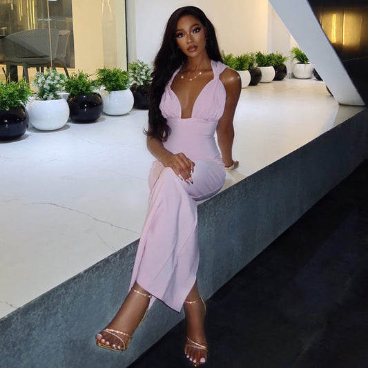 Solid Color Casual Women Pleated Corset Hip Dress Waist V neck Halter Maxi Dress Tide