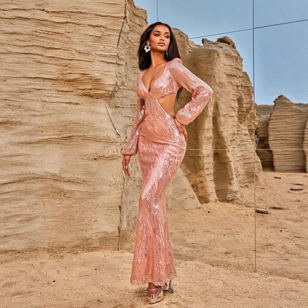 Women Evening Dresses Long Sleeve Beauty V neck Sexy Backless Dress Long Sequined Women Clothing Dress