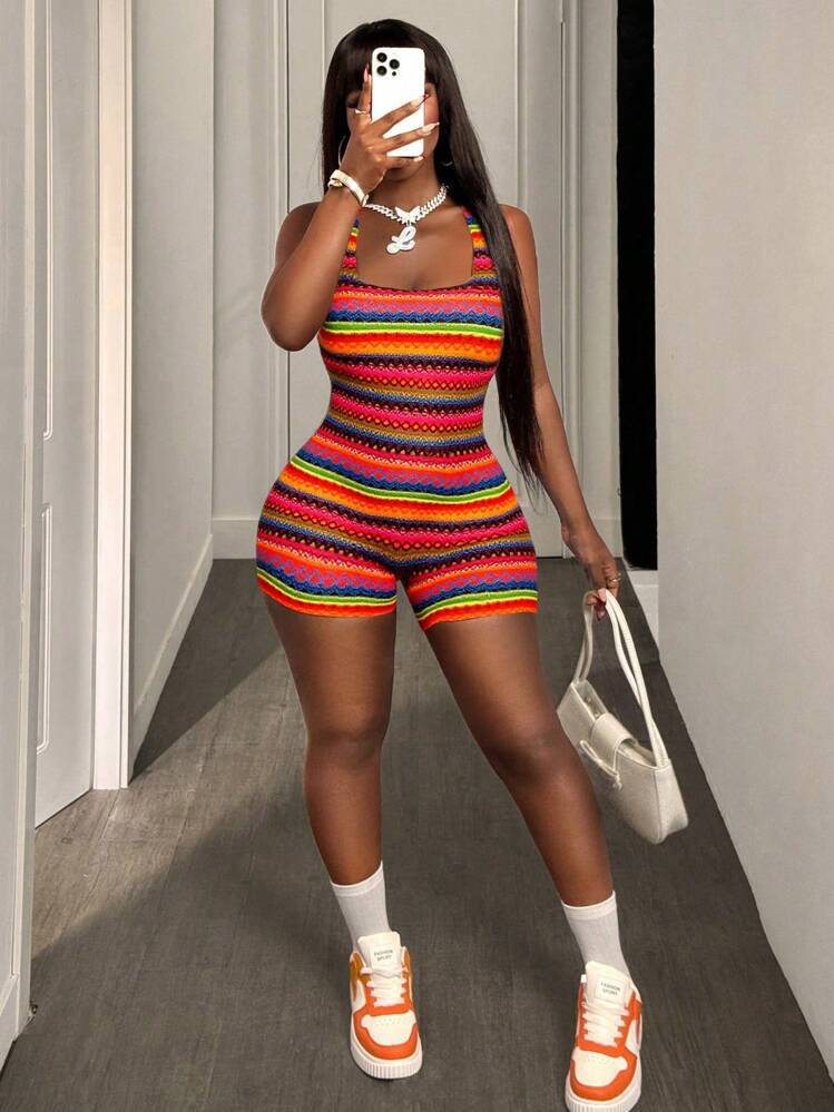 Summer Women Sexy Slim Fit Printed Suspenders U Collar Hip Shorts Jumpsuit Women