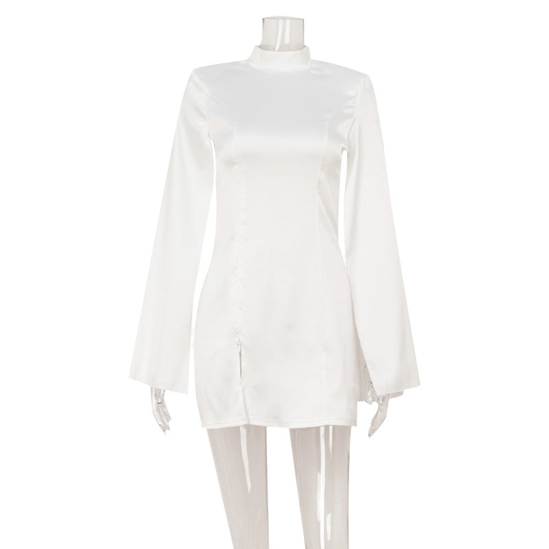 修身顯瘦輕奢宮廷高級緞面披肩袖洋裝短裙