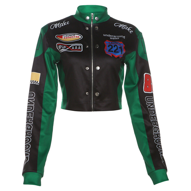 Autumn Winter Women Clothing Sexy Cropped Vintage Floral Print Long Sleeves Varsity Jacket